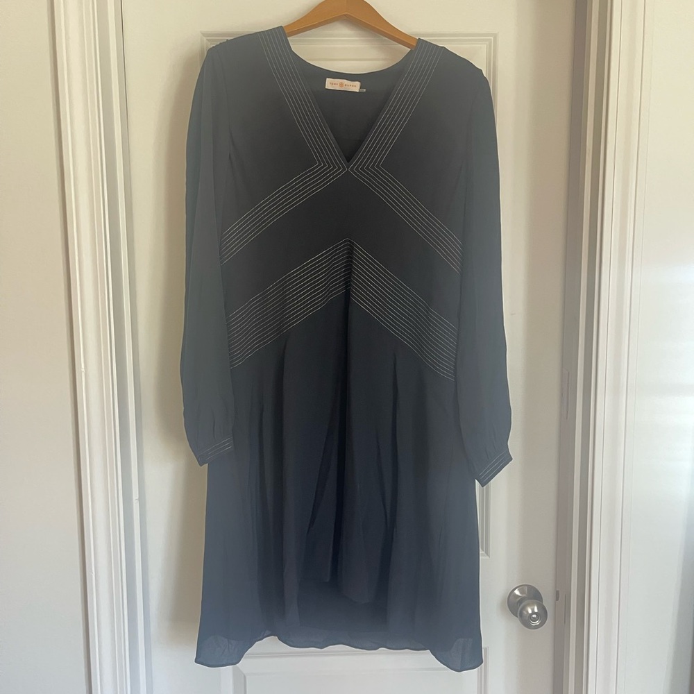 Tory Burch black silk dress with metallic thread detail.